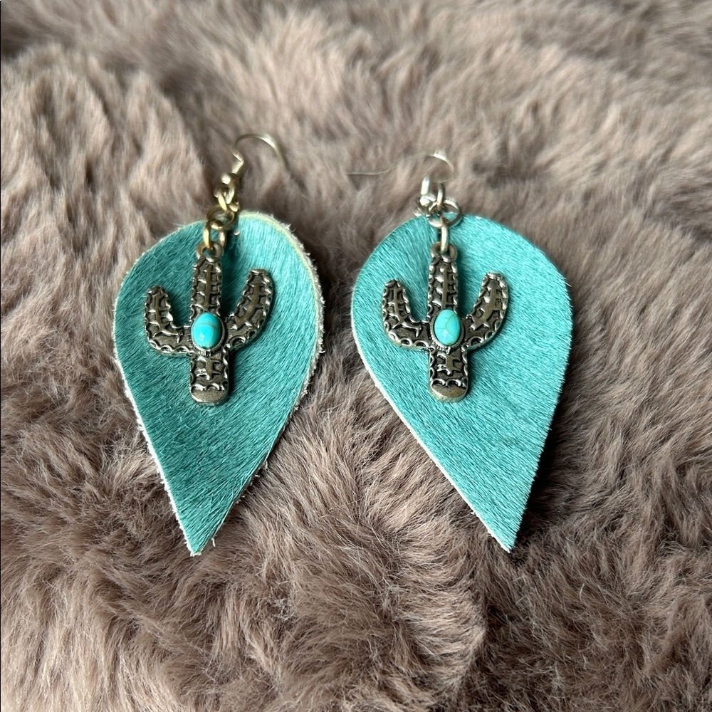 Turquoise Leaf Earrings with Cactus Charm